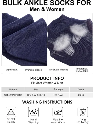 Vista 2 de Tarpop 150 pares de calcetines de tobillo para hombre, calcetines a granel atléticos que absorben la humedad, calcetines deportivos casuales