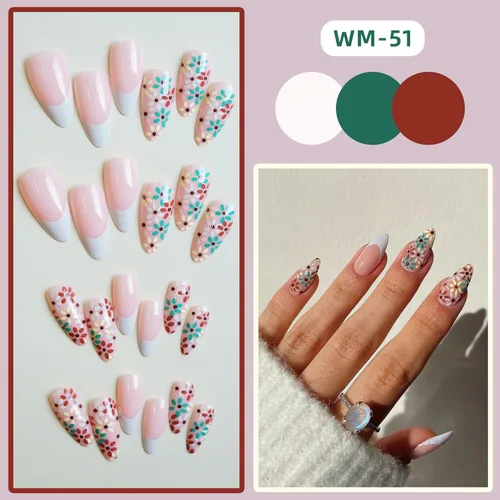 Vista 2 de Uñas postizas ovaladas a presión con puntas francesas, juego de uñas postizas cortas de flores artificiales, uñas postizas acrílicas con diseños
