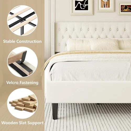 Vista 4 de HAOARA Base de cama tamaño Queen, plataforma tapizada con cabecera con respaldo de ala, botón de terciopelo, fácil montaje, no necesita somier, Beige