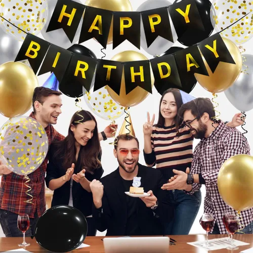 Vista 5 de Cartel de feliz cumpleaños, decoración de cumpleaños negro y dorado, 16 globos de 12 pulgadas con 2 cintas para hombres, mujeres, niñas y niños
