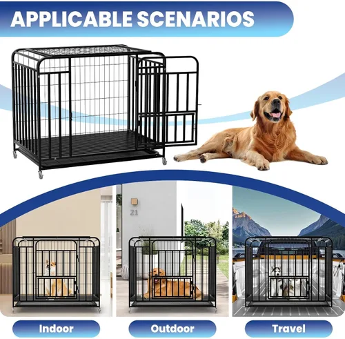 Vista 4 de Jaula resistente y fácil de limpiar de 42 pulgadas con doble puerta extraíble, a prueba de escapes, jaula grande para perros con ruedas