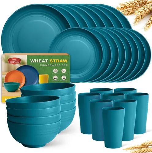 Vista 20 de Teivio Juego de vajilla de plástico de paja de trigo de 32 piezas para cocina, servicio para 8, platos, cuencos y tazas irrompibles, vajilla