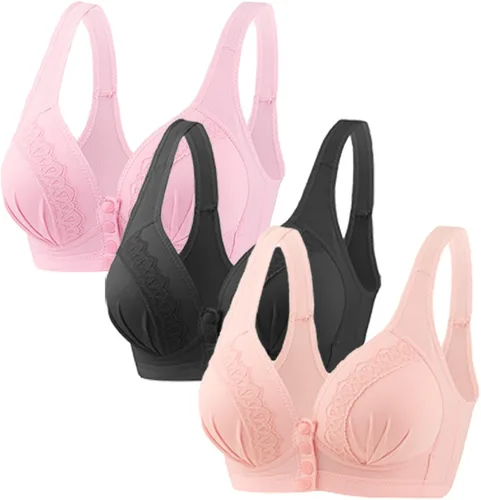 Vista 30 de Glamorette Snap Front Bra Older Women,Snap Front Bra, Sexy Lace Embroidered Bras,Pull-On Front Closure Button Bras 3 unidades de color negro.
