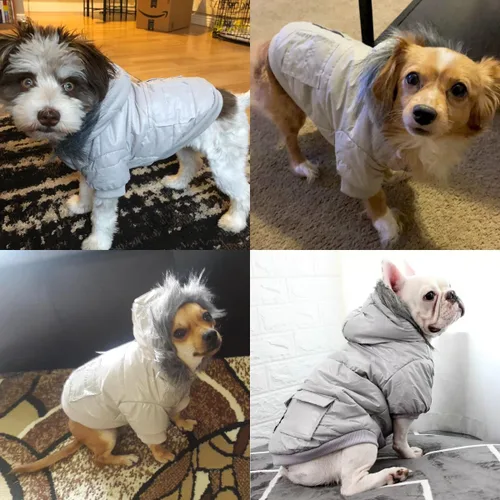 Vista 7 de LESYPET Abrigo para perro pequeño, chaqueta acolchada a prueba de viento para perros con agujero para correa, chaqueta extra cálida para perro, gris