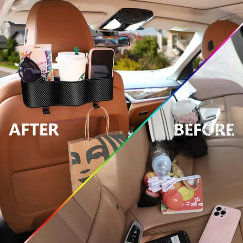 Vista 4 de Organizador de asiento trasero para automóvil con portavasos – Organizador multifuncional para asiento trasero con dos ganchos de asiento, se adapta