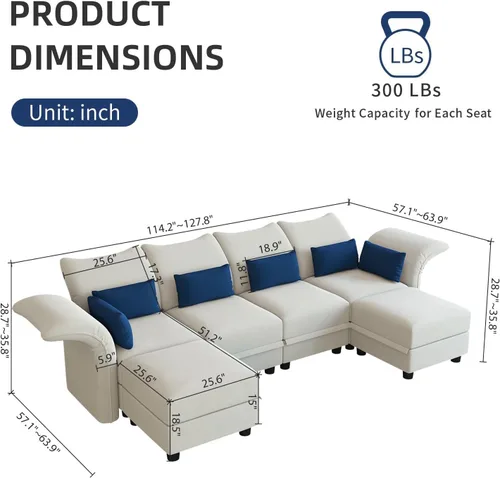 Vista 2 de LLappuil Sofá modular de gran tamaño en forma de U convertible de 6 asientos con respaldo alto con almacenamiento, suave y fácil de limpiar, sofá