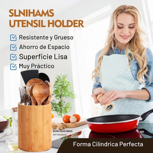Vista 3 de Soporte de bambú para utensilios de cocina, soporte grande para encimera de cocina, cuchara de bambú y soporte para palillos para decoración