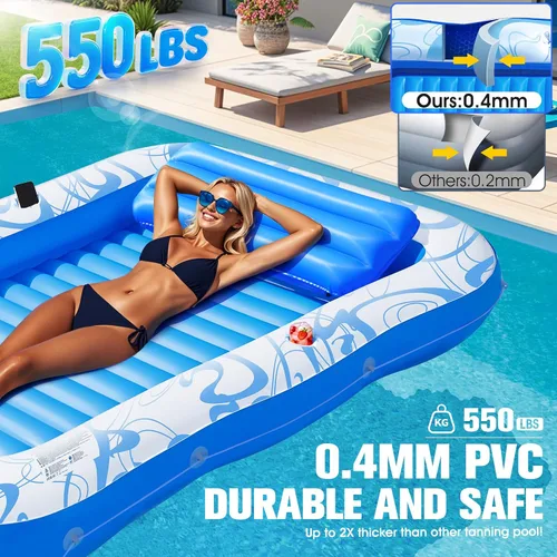 Vista 4 de Tumbona inflable de bronceado con luces, flotadores grandes de 81 x 60 pulgadas para adultos, tumbona de piscina, cama de agua de bronceado inflable