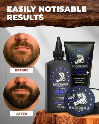 Vista 5 de Bossman Essentials Kit de barba para hombres, juego de 3, gelatina de aceite para barba, crema acondicionador fortificante, bálsamo para barba
