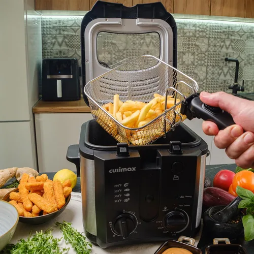 Vista 2 de CUSIMAX Freidora Eléctrica Profunda para Uso Doméstico, Freidora Profunda Pequeña de 2.5 Litros 1500W con Cesta, Temperatura y Tiempo Ajustables