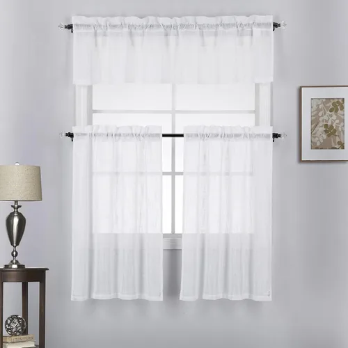 Vista 11 de Juego de 3 cortinas de lino con textura para ventana de cocina y cafetería, 24 pulgadas de largo, color negro