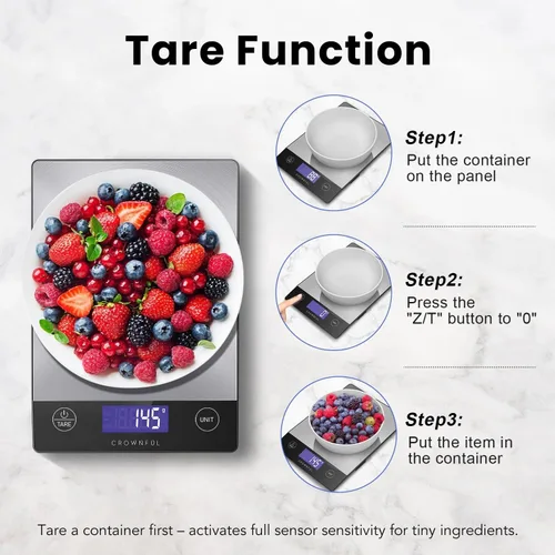 Vista 12 de CROWNFUL Báscula de alimentos, 33 libras, recargable, de acero inoxidable 304, báscula digital de cocina, gramos, onzas y onzas, con pantalla LCD