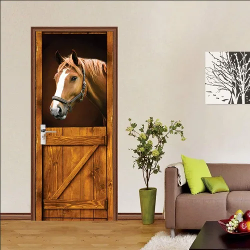 Vista 2 de Calcomanías 3D para puerta, murales para despegar y pegar, papel tapiz de caballo, calcomanías autoadhesivas extraíbles de PVC, impermeable, póster