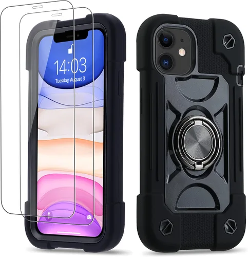 Vista 136 de Funda para iPhone 11 de 6.1 pulgadas con soporte de anillo, con 2 protectores de pantalla de vidrio, resistente a los golpes, resistente a