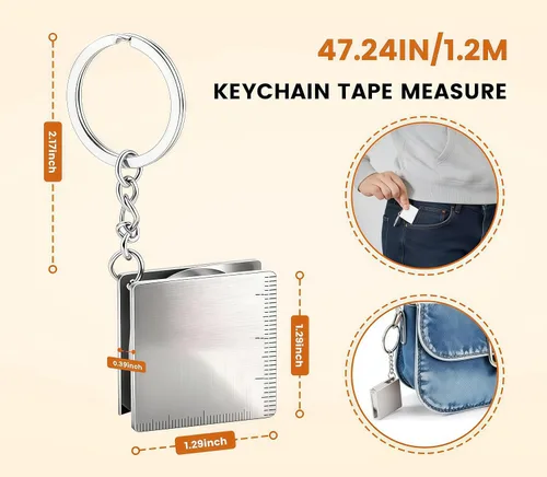 Vista 6 de Cinta métrica de acero inoxidable (3.9 ft) Retractable pocket ruler on a split key ring, small enough for a purse or toolbox, gift for sewing