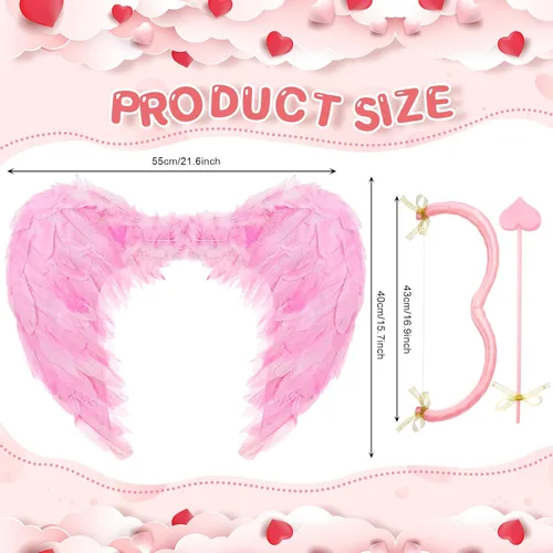 Vista 2 de Leitee Juego de disfraz de Cupido para el día de San Valentín, con lazo, kit de accesorios de disfraz de cupido, alas y flechas para niñas