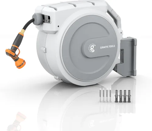 Vista 9 de Giraffe Tools Carrete de manguera de pared resistente, manguera retráctil de 5/8 pulgadas x 90 pies con rebobinado automático, giro de 180°, bloqueo