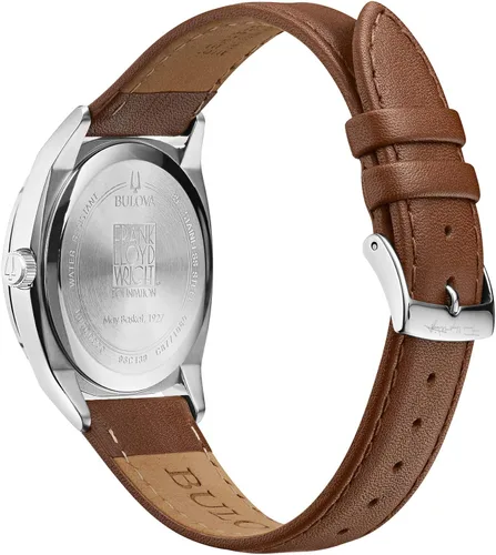 Vista 3 de Bulova Frank Lloyd Wright May Showers Reloj de cuarzo con fecha de acero inoxidable de 3 manecillas estilo de correa de cuero marrón 96C138 Frank