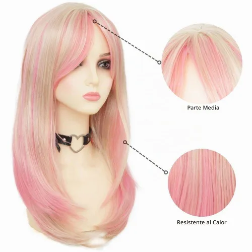 Vista 3 de Pelucas rubias y rosadas largas y rectas para mujer, con parte media, de fibra resistente al calor, para cosplay, Halloween Rubio Rosa