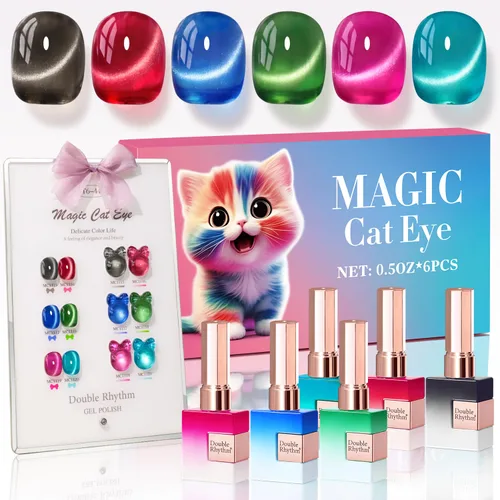 Vista 14 de Double Rhythm - Juego de esmalte de uñas de gel ojo de gato de 6 unidades, mismo color, misma botella, 14.8 ml, brillo con glitter, con imán Aurora