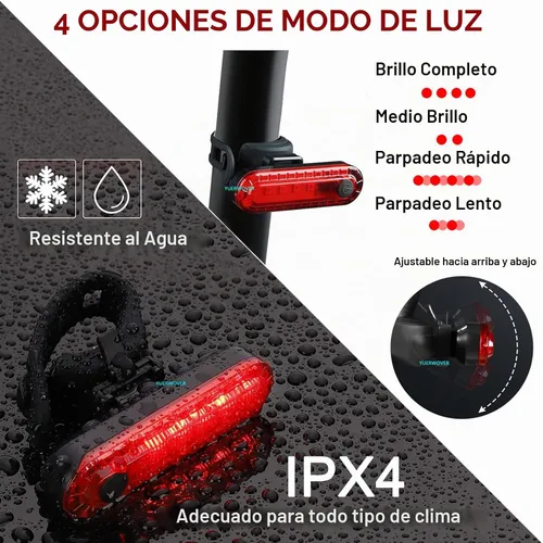 Vista 6 de Paquete de 2 luces traseras de bicicleta recargables USB-C para montar de noche, luces traseras de bicicleta, luces delanteras y traseras