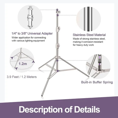 Vista 6 de EMART Soporte de luz de acero inoxidable de 9.2 pies/9.2 ft, trípode de fotografía acolchado con resorte resistente con adaptador universal de 1/4 a