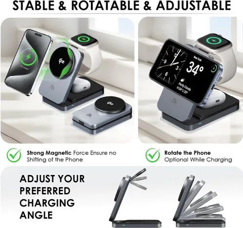 Vista 3 de Estación de carga 3 en 1, soporte de cargador inalámbrico Magsafe Qi2, estación de carga inalámbrica plegable compatible con tu Apple iPhone
