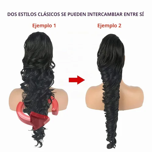Vista 2 de KRSI Extensión de cola de caballo larga y ondulada con cordón, 28 pulgadas, 1B#, para mujeres, clip de cabello negro, cabello sintético, extensión