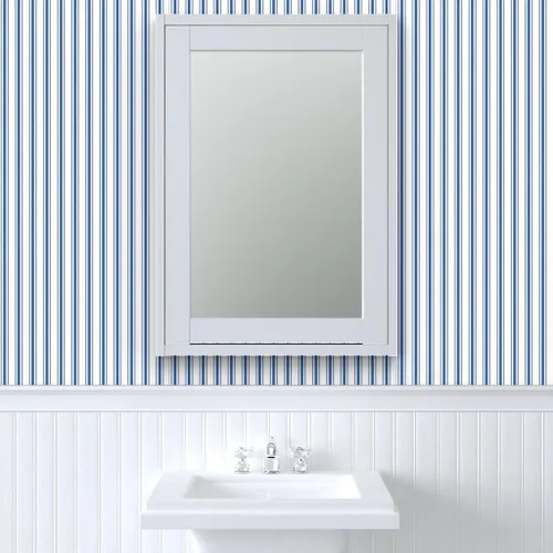 Vista 9 de Muestra de papel tapiz extraíble, diseño de rayas francesas con patrón de rayas azul oscuro, blanco, papel pintado prepegado personalizado por