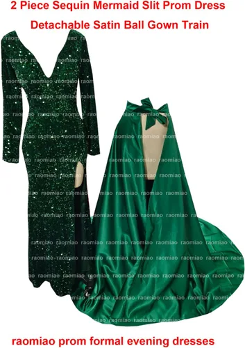Vista 4 de Vestido de fiesta de lentejuelas de manga larga con cuello en V, vestido de fiesta dividido de satén con cola desmontable, vestido de noche formal