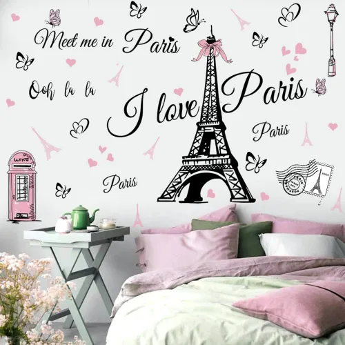Vista 4 de Pegatinas de pared de la Torre Eiffel de París, calcomanía para dormitorio, sala de estar, fondo de sofá, decoración de pared de TV, decoración