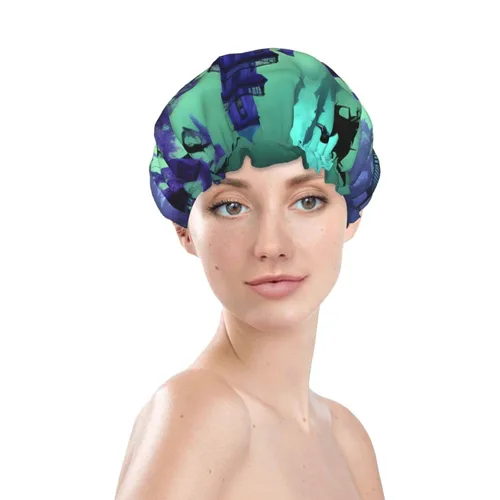 Vista 3 de Gorro de ducha reutilizable con estampado de mansiones embrujadas negras para mujer, doble capa impermeable, gorro de baño de secado rápido
