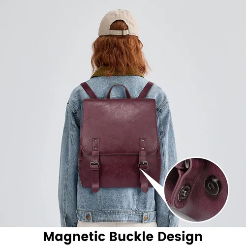 Vista 8 de LOVEVOOK Mochila de moda para mujer, mochila de cuero vegano antirrobo, mochilas con bolso pequeño, juego de 2 piezas, Púrpura-Rojo