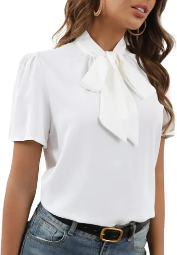 Vista 5 de Rooscier Blusa elegante de manga corta con nudo y lazo para mujer