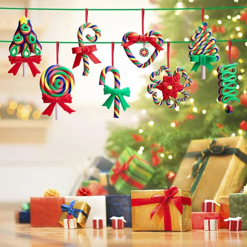 Vista 7 de Codree 8 piezas de adornos de piruleta de bastón de caramelo arcoíris - Adornos colgantes de arcilla polimérica para árbol de Navidad, fiesta