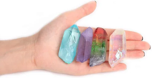 Vista 3 de JIC Gem 4 piezas Auqa Aura, Angel Aura, Ángel Amatista, Turmalina Cristal Curativo Varita de un solo punto Piedra Pulida o Cristal Curación, Reiki