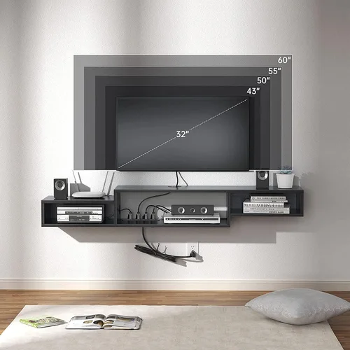 Vista 7 de FABATO Soporte de TV flotante de 59 pulgadas con toma de corriente montado en la pared, consola multimedia, estante debajo del televisor para caja
