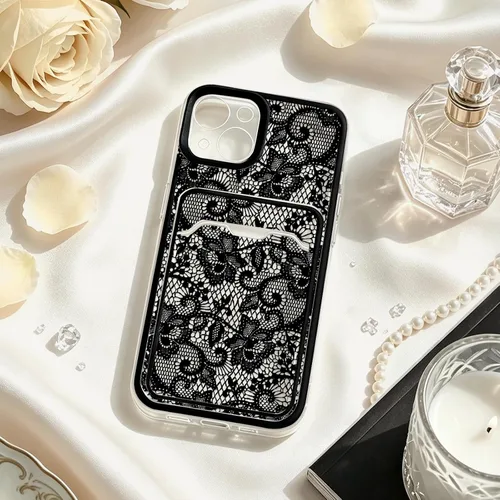 Vista 2 de NITITOP Funda para iPhone 13 transparente linda flor de encaje - flor negra negro (Black Bloom)