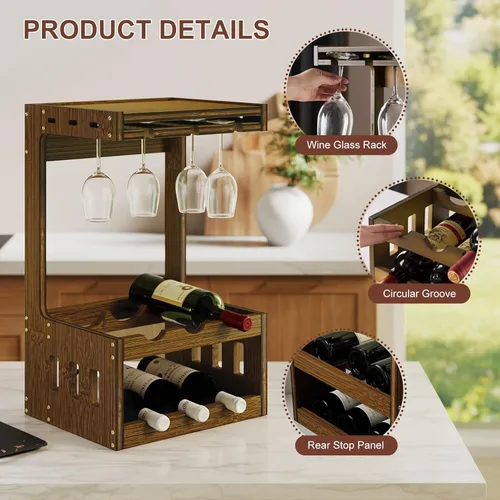 Vista 6 de Estante de vino para encimera con copas de vino, capacidad para 6 botellas Marrón