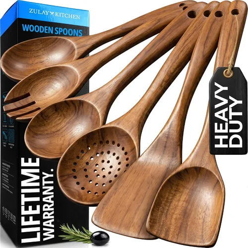 Vista 10 de Zulay Kitchen Juego de 5 cucharas de madera extragrandes - Utensilios de cocina de teca lisa - Cucharón, espátula, espumadera, tenedor, cuchara