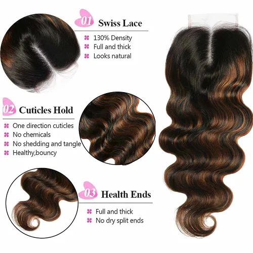 Vista 3 de Beauty Forever #FB30 - 3 paquetes de cabello humano brasileño ondulado con cierre de encaje de 4 x 4, balayage, rubio degradado, extensiones