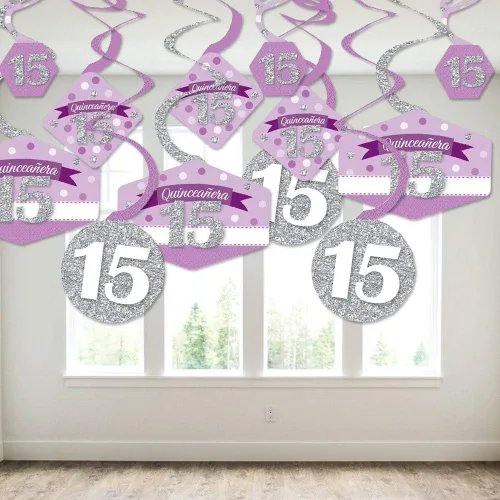 Vista 3 de Big Dot of Happiness Quinceanera Purple - Sweet 15 - Decoración colgante para fiesta de cumpleaños - Remolinos de decoración de fiesta - Juego de 40