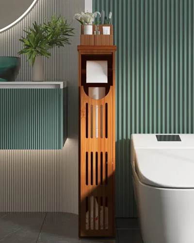 Vista 8 de AmazerBath Gabinete de Almacenamiento de Papel Higiénico de Bambú, Portarrollos de Papel Higiénico con Almacenamiento para Espacios Pequeños
