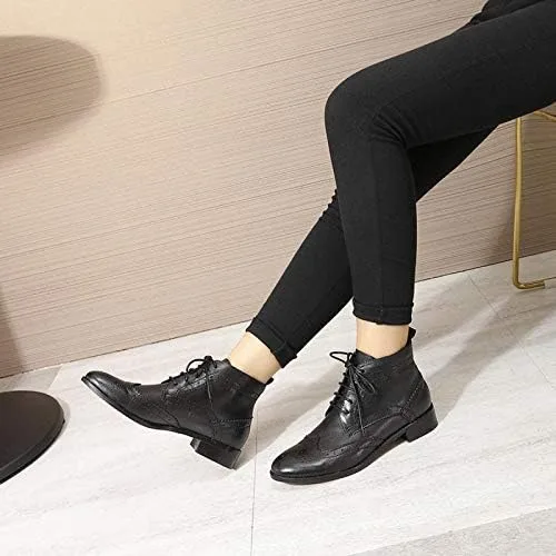Vista 5 de Mona flying Botas Oxford de cuero cómodas con cordones para mujer, botas de tobillo de alta moda, botas de combate de tacón bajo