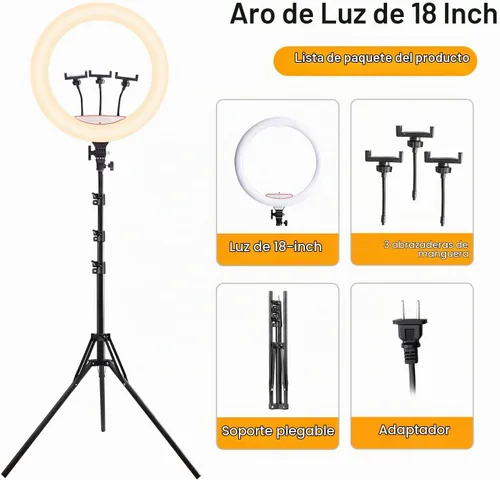 Vista 7 de Anillo de luz de 18 pulgadas con soporte de trípode, luz circular LED regulable de 58 W 5500 K para TikTok/Live Stream/Maquillaje/YouTube con bolsa