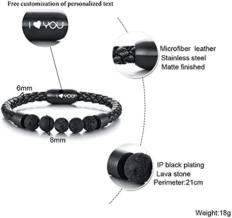 Vista 2 de Joyería de acero de titanio para hombre, chakras, acero inoxidable, para hombre, cuero negro, pulseras de cuero con cuentas volcánicas, pulseras