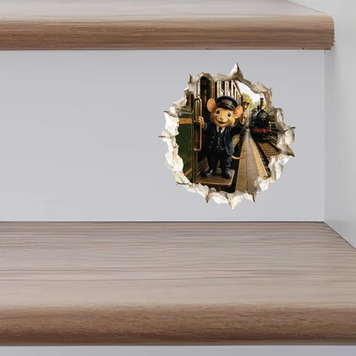 Vista 8 de Adhesivo de pared 3D con agujero de ratón y conductor de tren