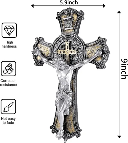 Vista 4 de Taprion Crucifijo de pared - Arte de pared de resina de San Benito - Cruz dorada de 10 pulgadas da bendición y lo sagrado espiritual: regalo de fe