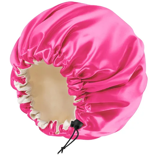 Vista 19 de Gorro de seda de satén para cabello rizado, gorro trenzado para dormir, para mujer, grande, doble capa ajustable (2 unidades, negro) Double Layer