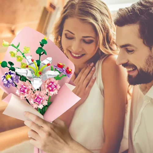 Vista 2 de Chodia Bloques de construcción de ramo de flores, clavel rosa artificial, colección botánica, juegos de ladrillos, kits de Navidad, cumpleaños